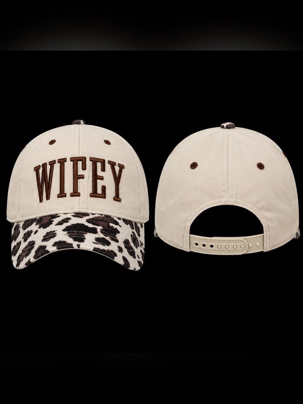 🆕 WIFEY Cow Print Brim Snapback Hat Beige Western Bride Cap NWT - Picture 2 of 3